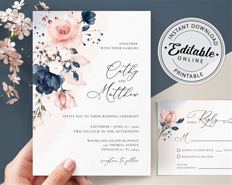 Blush Pink And Navy Blue Wedding Invitations